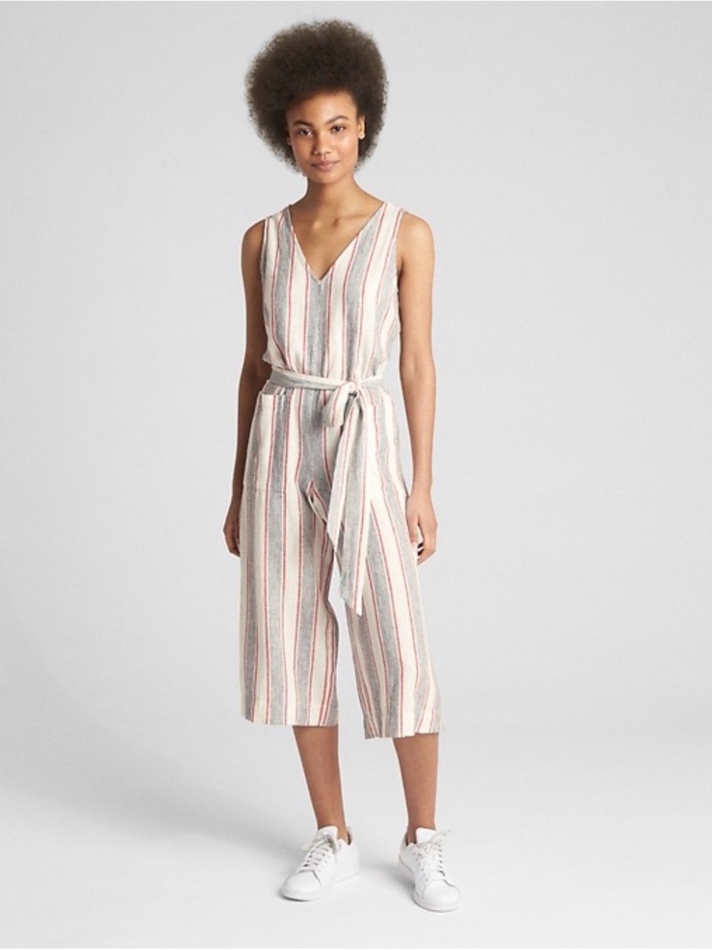 GAP Neutral Stripe V-Neck Sleeveless Jumpsuit with Tie Waist